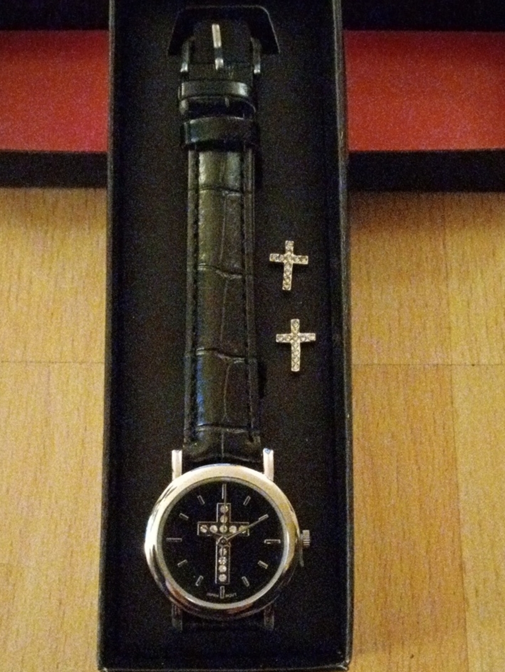 Avon Black Strap Watch with Silver Cross Accents and Stud Earrings